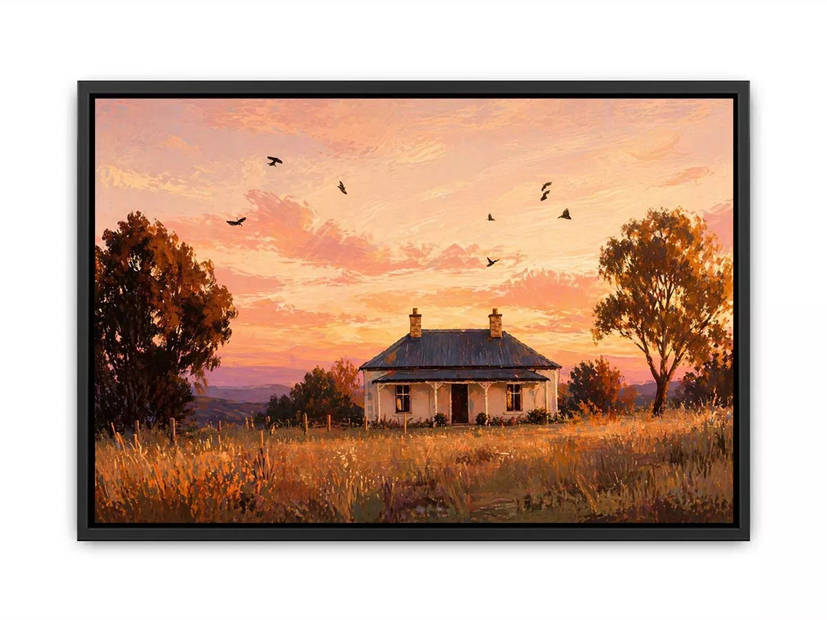 rustic cottage sunset painting, countryside landscape Canvas Print, farmhouse sunset canvas, minimalist rural home artwork