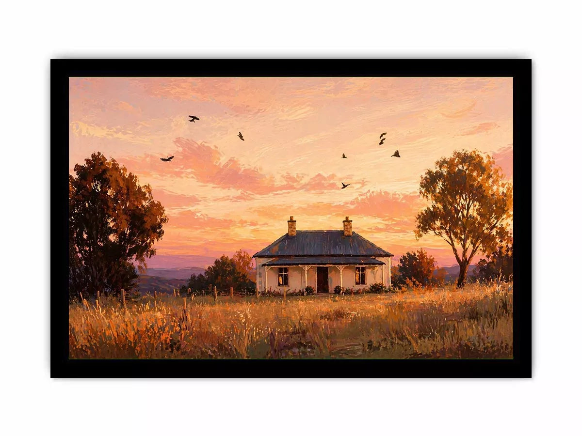 rustic cottage sunset painting, countryside landscape Canvas Print, farmhouse sunset canvas, minimalist rural home artwork