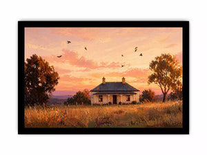 rustic cottage sunset painting, countryside landscape Canvas Print, farmhouse sunset canvas, minimalist rural home artwork