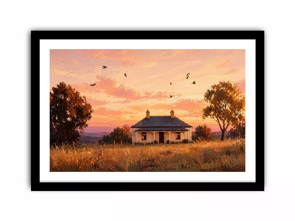 rustic cottage sunset painting, countryside landscape Canvas Print, farmhouse sunset canvas, minimalist rural home artwork