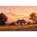 rustic cottage sunset painting, countryside landscape Canvas Print, farmhouse sunset canvas, minimalist rural home artwork