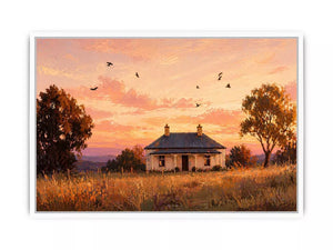 rustic cottage sunset painting, countryside landscape Canvas Print, farmhouse sunset canvas, minimalist rural home artwork