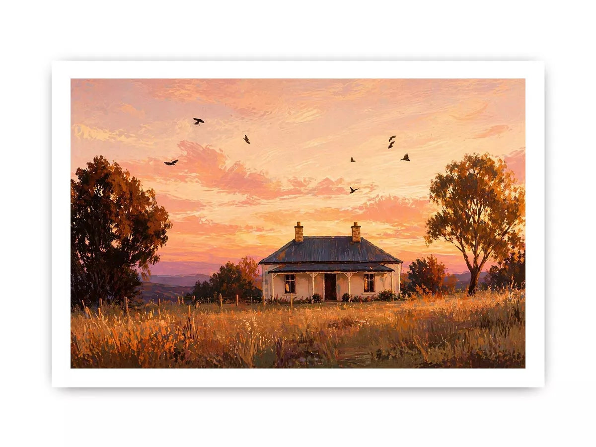rustic cottage sunset painting, countryside landscape Canvas Print, farmhouse sunset canvas, minimalist rural home artwork