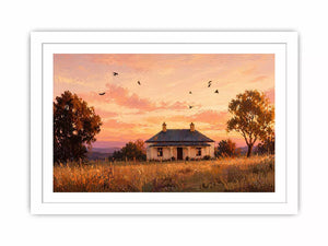 rustic cottage sunset painting, countryside landscape Canvas Print, farmhouse sunset canvas, minimalist rural home artwork