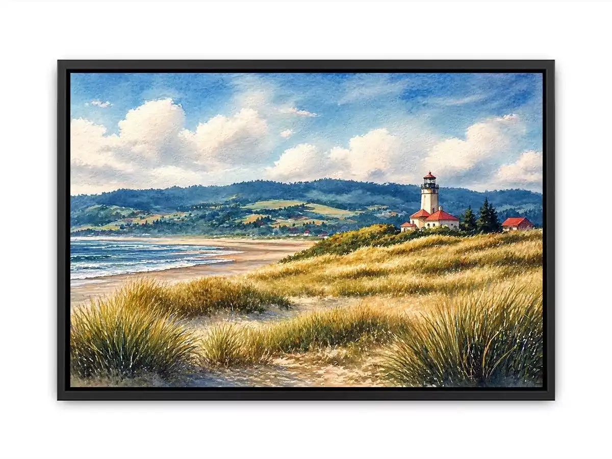 lighthouse watercolor landscape, coastal nature Canvas Print, serene seaside painting, beach grass lighthouse canvas
