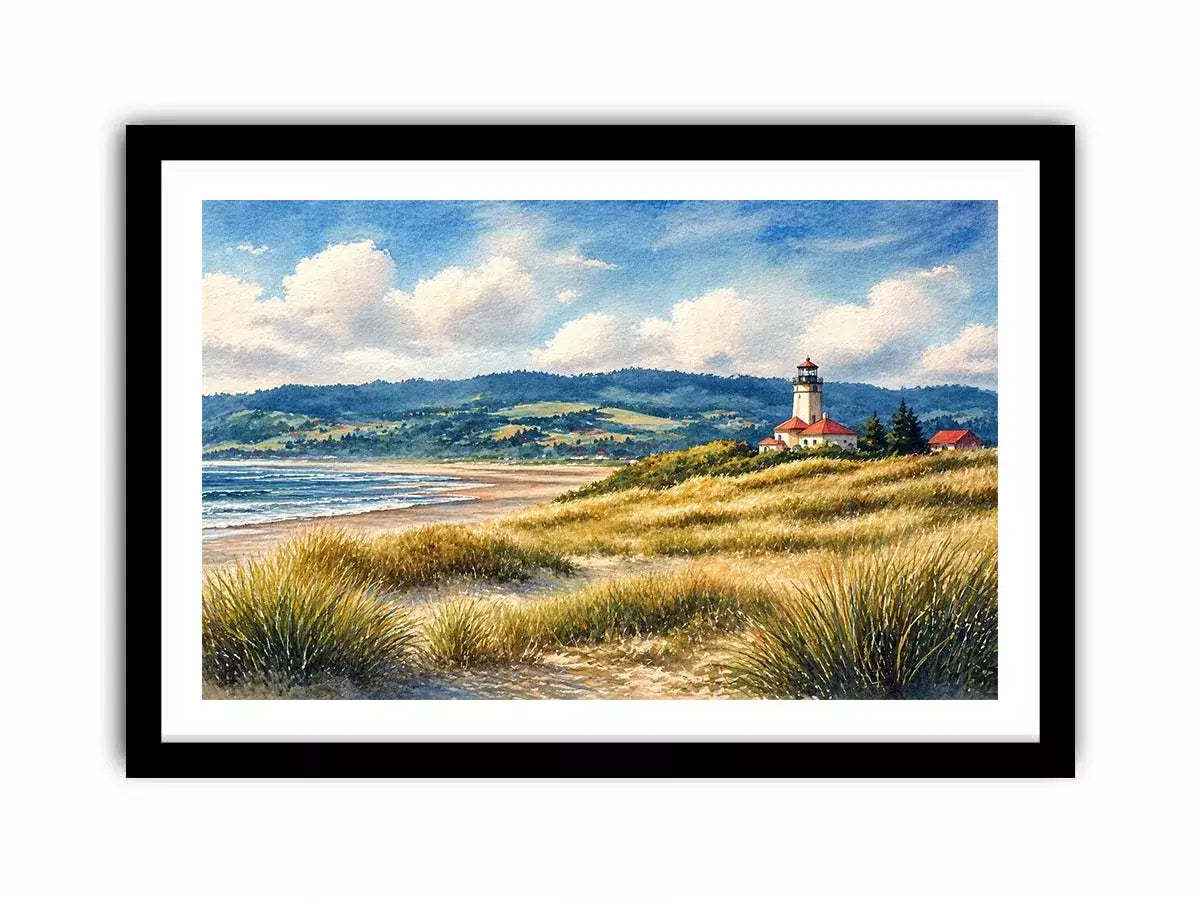 lighthouse watercolor landscape, coastal nature Canvas Print, serene seaside painting, beach grass lighthouse canvas