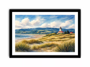 lighthouse watercolor landscape, coastal nature Canvas Print, serene seaside painting, beach grass lighthouse canvas
