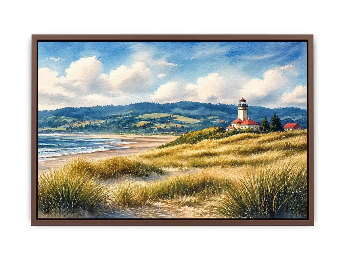 lighthouse watercolor landscape, coastal nature Canvas Print, serene seaside painting, beach grass lighthouse canvas