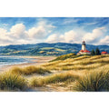 lighthouse watercolor landscape, coastal nature Canvas Print, serene seaside painting, beach grass lighthouse canvas