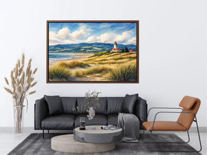 lighthouse watercolor landscape, coastal nature Canvas Print, serene seaside painting, beach grass lighthouse canvas