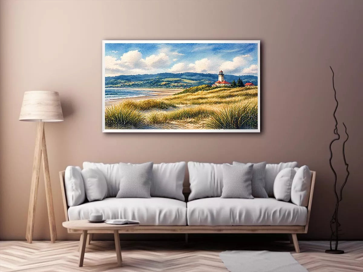 lighthouse watercolor landscape, coastal nature Canvas Print, serene seaside painting, beach grass lighthouse canvas