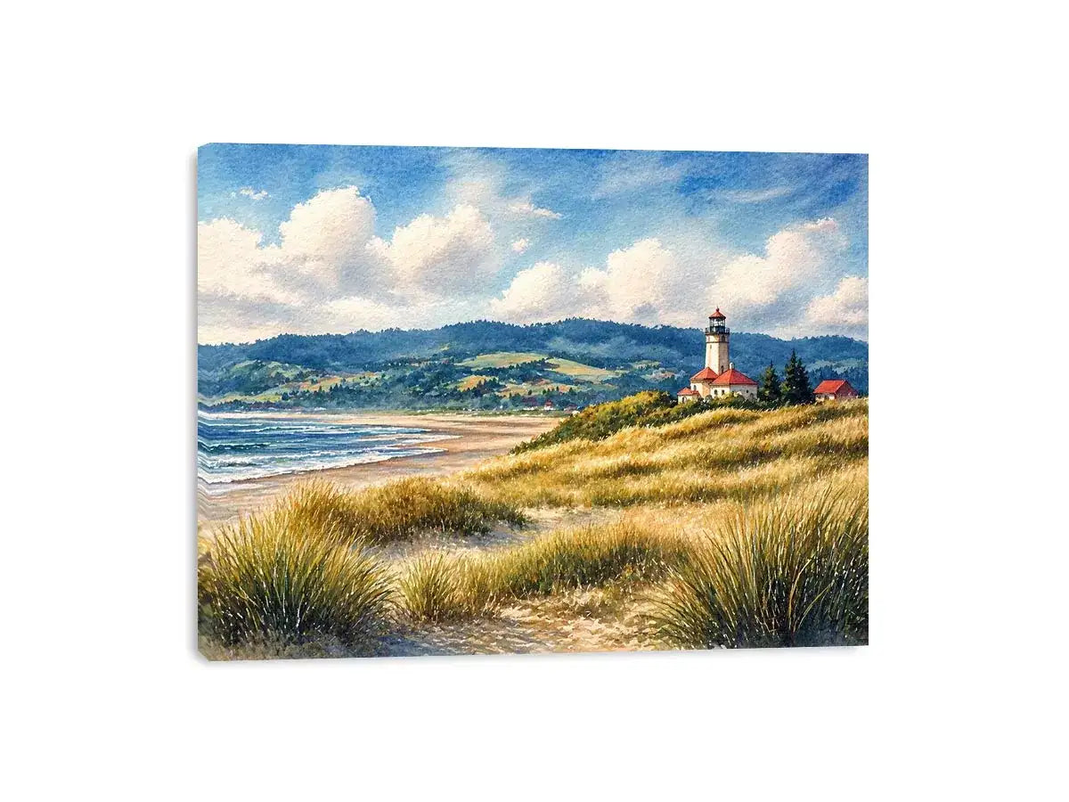 lighthouse watercolor landscape, coastal nature Canvas Print, serene seaside painting, beach grass lighthouse canvas