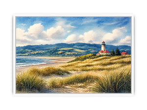 lighthouse watercolor landscape, coastal nature Canvas Print, serene seaside painting, beach grass lighthouse canvas