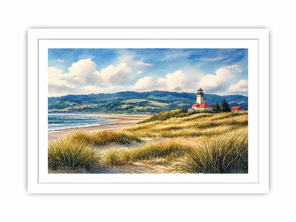 lighthouse watercolor landscape, coastal nature Canvas Print, serene seaside painting, beach grass lighthouse canvas