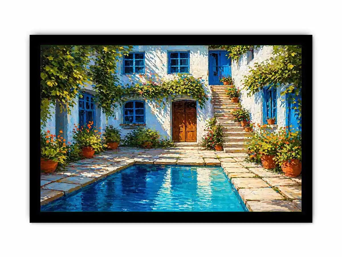 mediterranean courtyard painting, villa pool Canvas Print, coastal european house canvas, sunny courtyard artwork