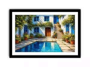 mediterranean courtyard painting, villa pool Canvas Print, coastal european house canvas, sunny courtyard artwork