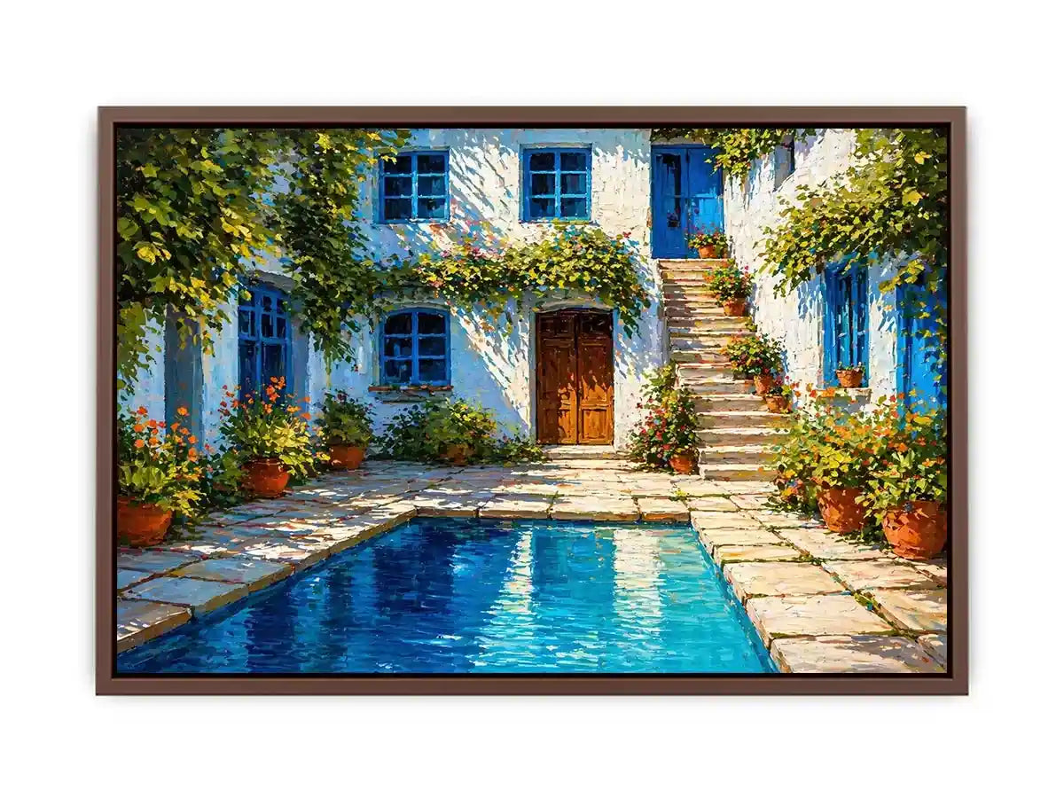 mediterranean courtyard painting, villa pool Canvas Print, coastal european house canvas, sunny courtyard artwork