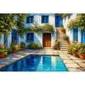 mediterranean courtyard painting, villa pool Canvas Print, coastal european house canvas, sunny courtyard artwork