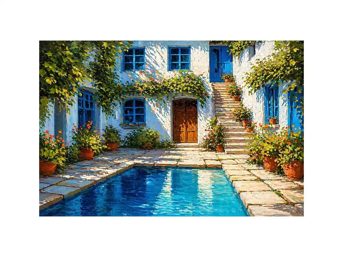 mediterranean courtyard painting, villa pool Canvas Print, coastal european house canvas, sunny courtyard artwork