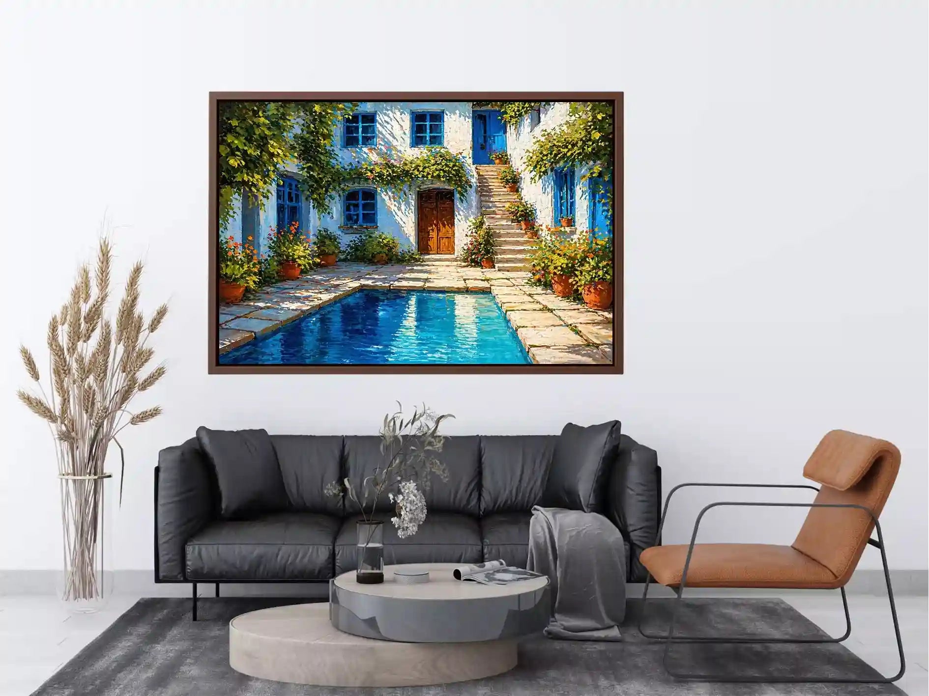 mediterranean courtyard painting, villa pool Canvas Print, coastal european house canvas, sunny courtyard artwork