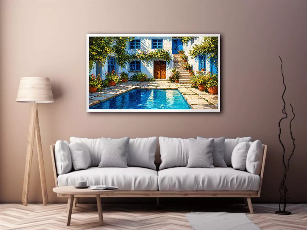 mediterranean courtyard painting, villa pool Canvas Print, coastal european house canvas, sunny courtyard artwork
