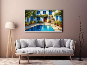 mediterranean courtyard painting, villa pool Canvas Print, coastal european house canvas, sunny courtyard artwork