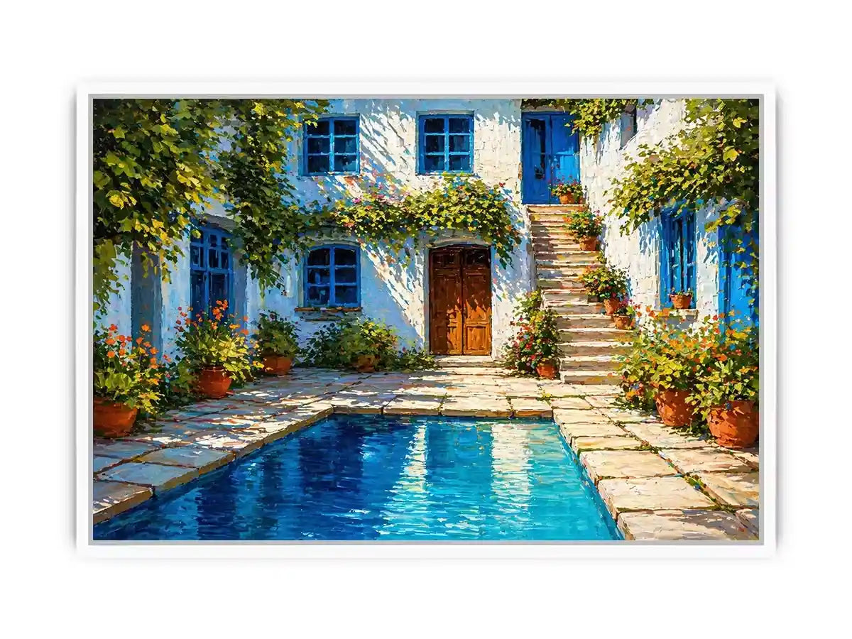 mediterranean courtyard painting, villa pool Canvas Print, coastal european house canvas, sunny courtyard artwork
