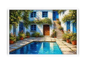 mediterranean courtyard painting, villa pool Canvas Print, coastal european house canvas, sunny courtyard artwork