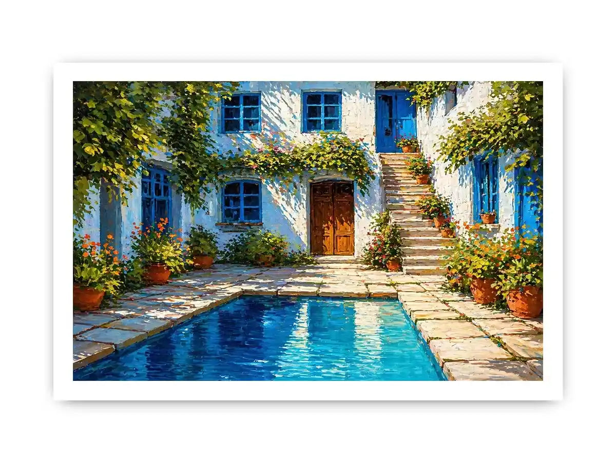 mediterranean courtyard painting, villa pool Canvas Print, coastal european house canvas, sunny courtyard artwork