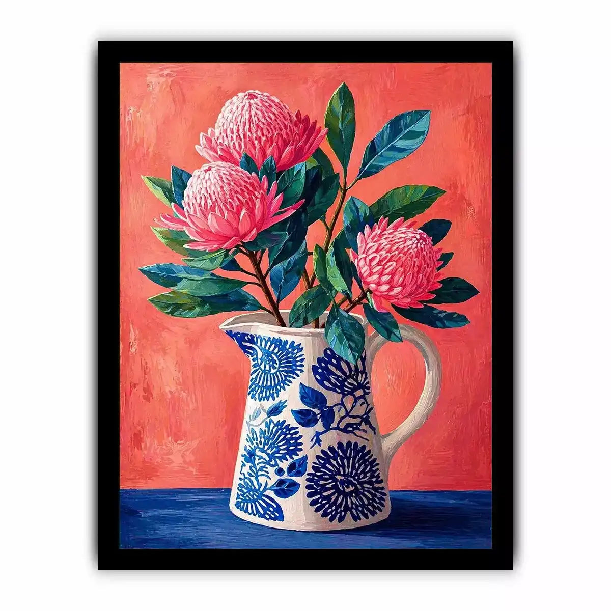 floral vase Canvas Print canvas, pink flower botanical painting, modern still life artwork, blue ceramic vase art