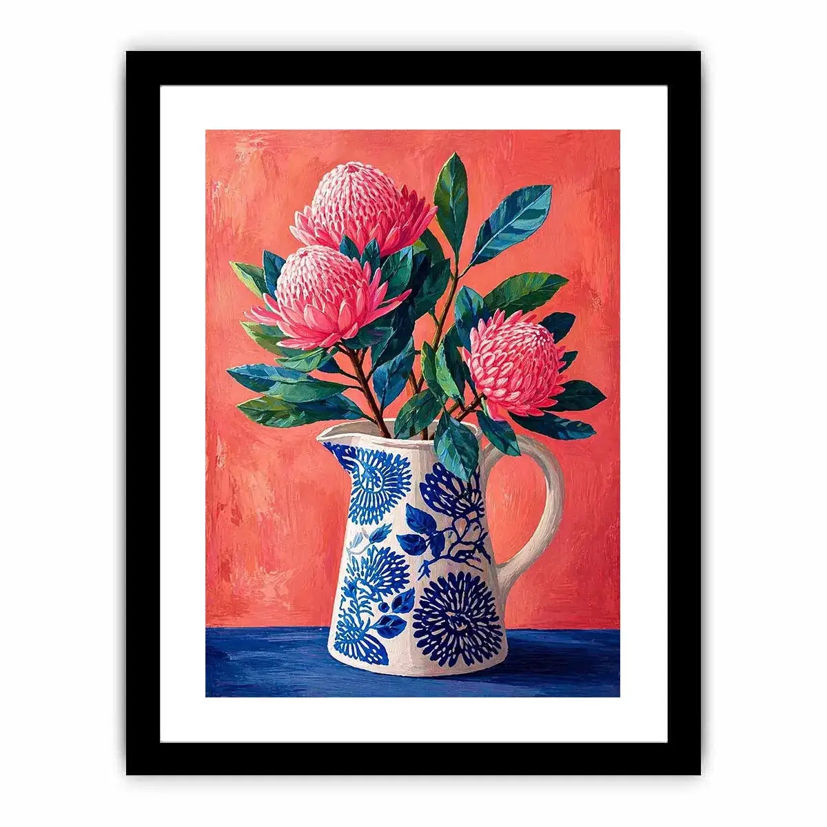 floral vase Canvas Print canvas, pink flower botanical painting, modern still life artwork, blue ceramic vase art