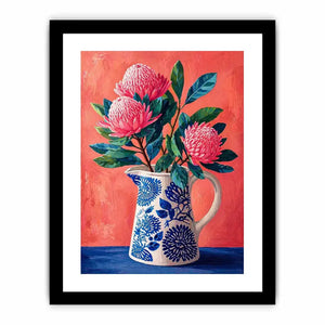 floral vase Canvas Print canvas, pink flower botanical painting, modern still life artwork, blue ceramic vase art