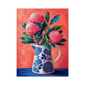 floral vase Canvas Print canvas, pink flower botanical painting, modern still life artwork, blue ceramic vase art