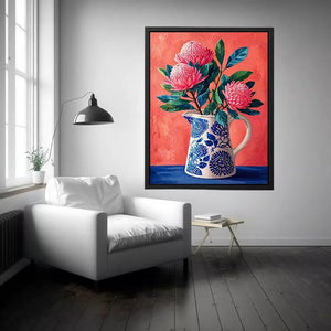 floral vase Canvas Print canvas, pink flower botanical painting, modern still life artwork, blue ceramic vase art