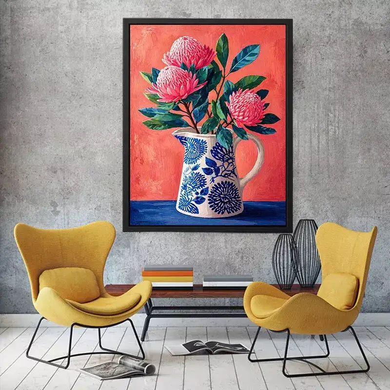 floral vase Canvas Print canvas, pink flower botanical painting, modern still life artwork, blue ceramic vase art