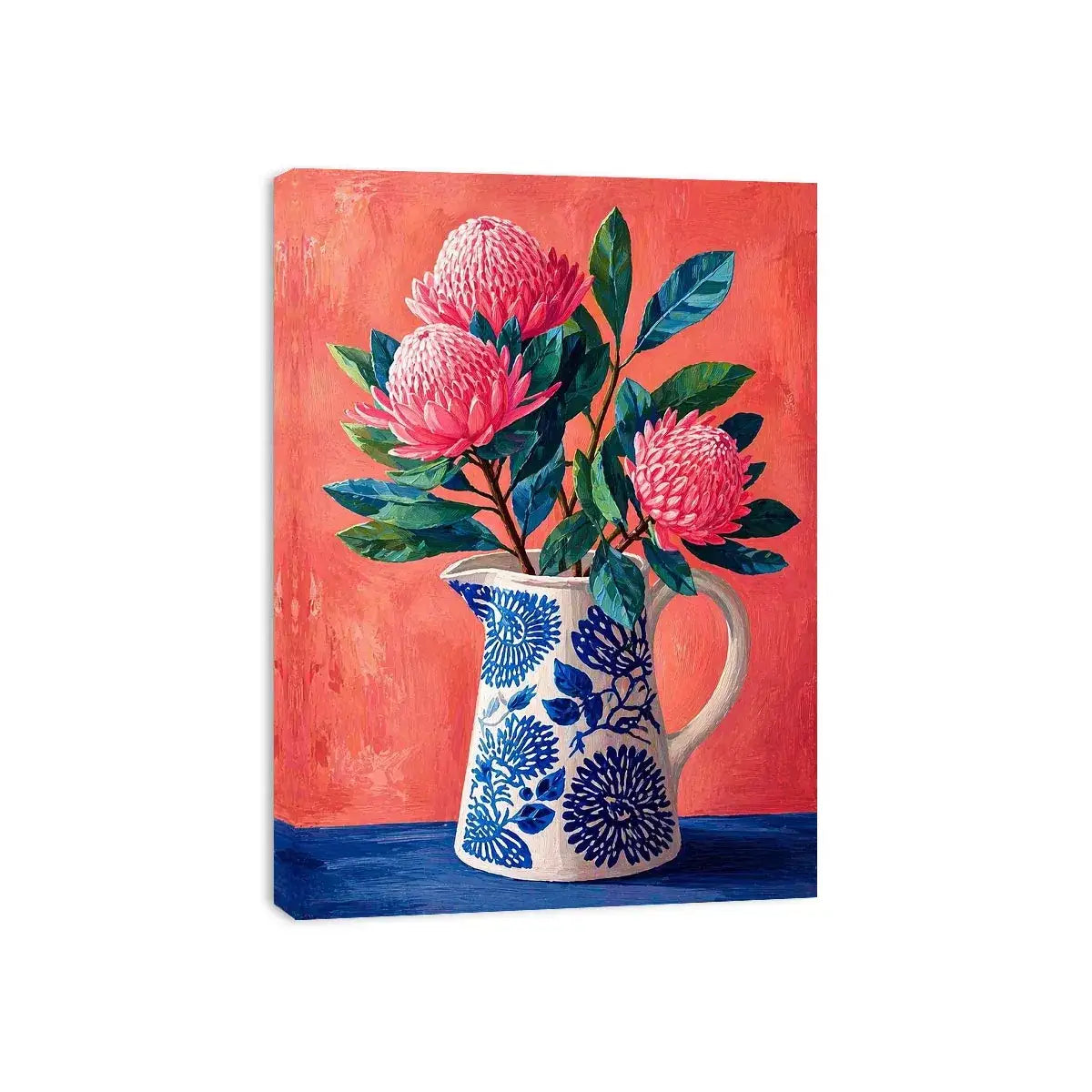 floral vase Canvas Print canvas, pink flower botanical painting, modern still life artwork, blue ceramic vase art