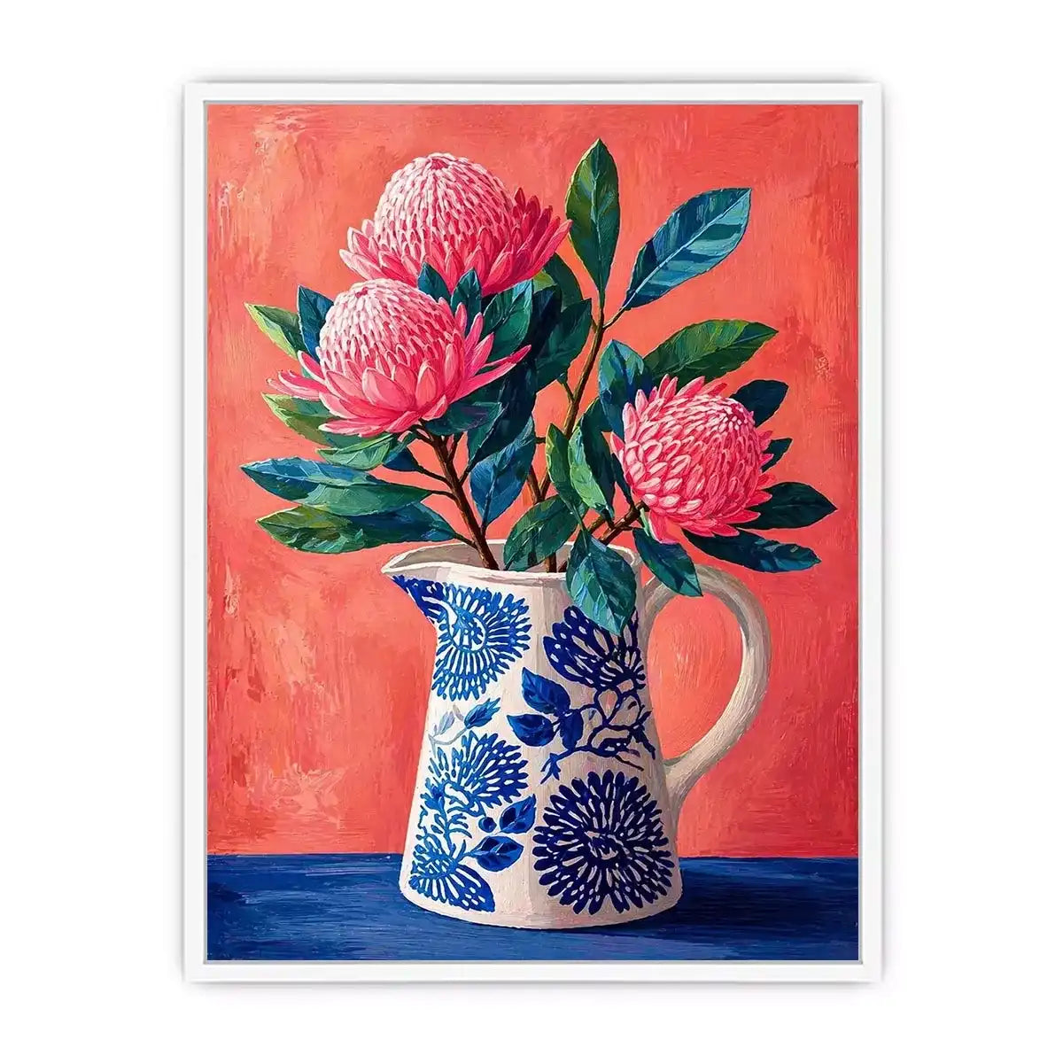 floral vase Canvas Print canvas, pink flower botanical painting, modern still life artwork, blue ceramic vase art