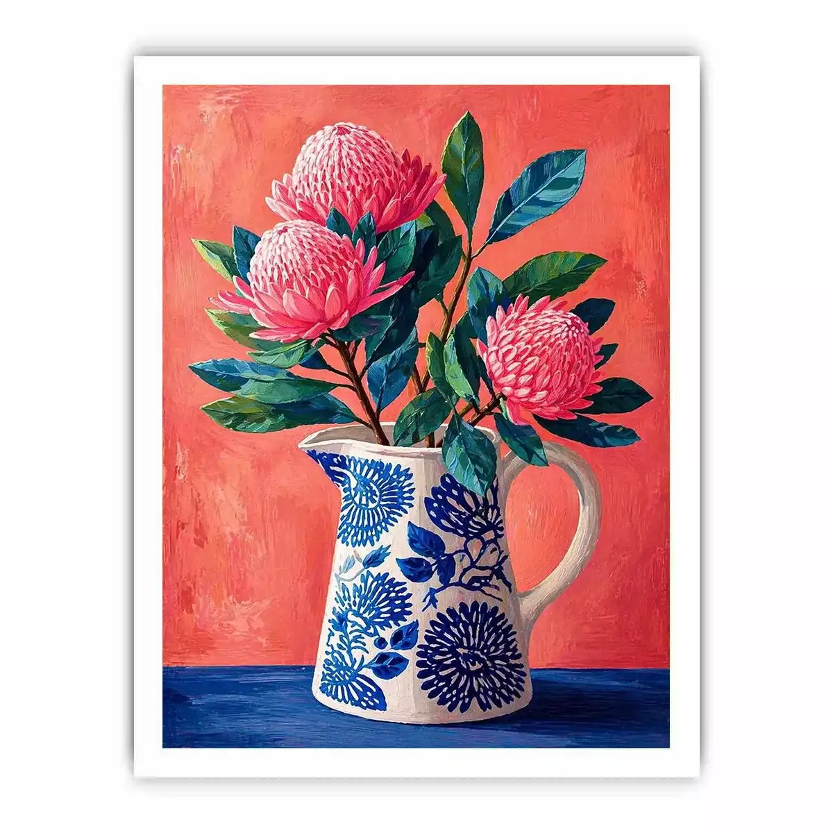 floral vase Canvas Print canvas, pink flower botanical painting, modern still life artwork, blue ceramic vase art