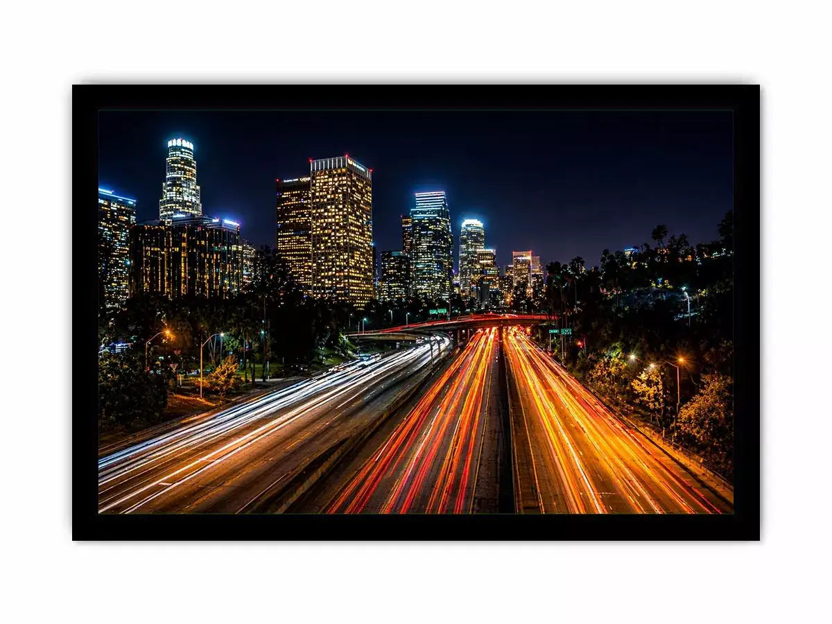 city skyline night Canvas Print, urban light trails canvas, modern cityscape print, downtown night traffic artwork