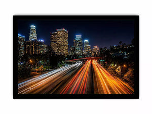 city skyline night Canvas Print, urban light trails canvas, modern cityscape print, downtown night traffic artwork