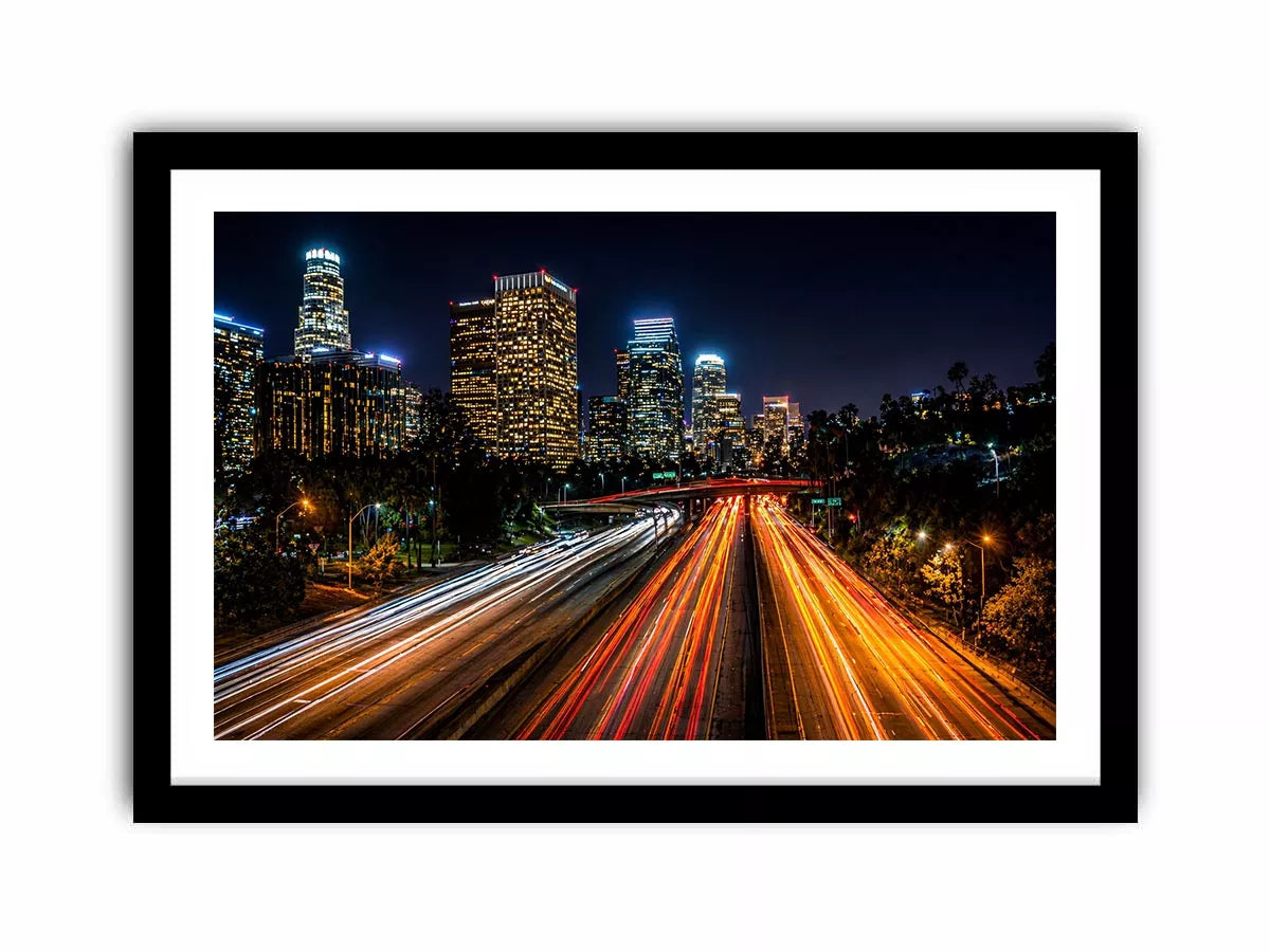city skyline night Canvas Print, urban light trails canvas, modern cityscape print, downtown night traffic artwork