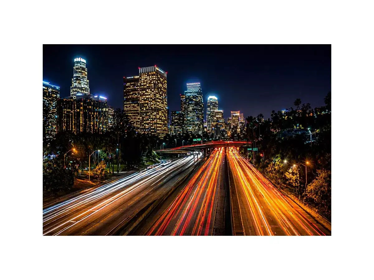 city skyline night Canvas Print, urban light trails canvas, modern cityscape print, downtown night traffic artwork