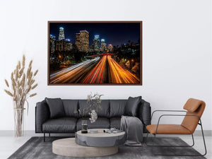 city skyline night Canvas Print, urban light trails canvas, modern cityscape print, downtown night traffic artwork