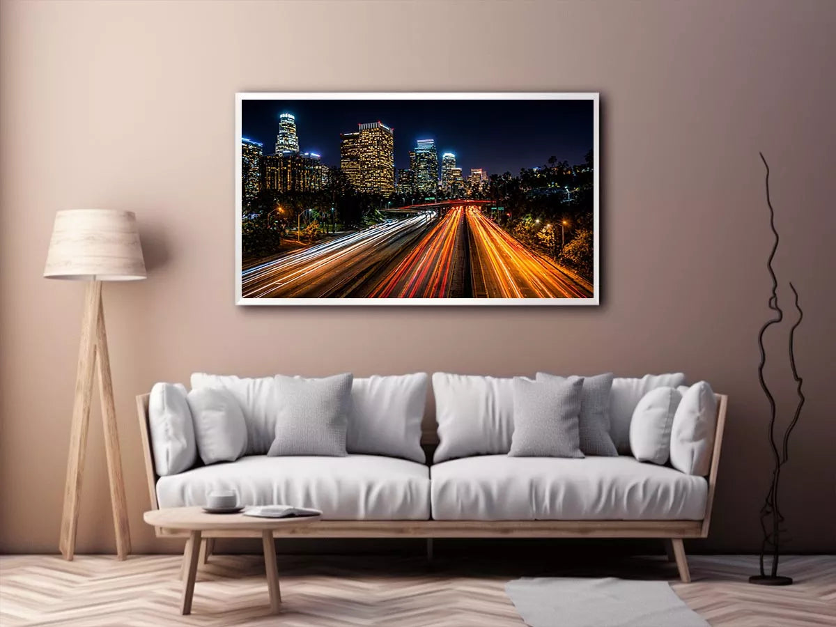 city skyline night Canvas Print, urban light trails canvas, modern cityscape print, downtown night traffic artwork