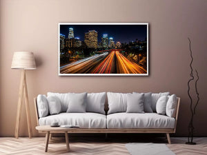 city skyline night Canvas Print, urban light trails canvas, modern cityscape print, downtown night traffic artwork