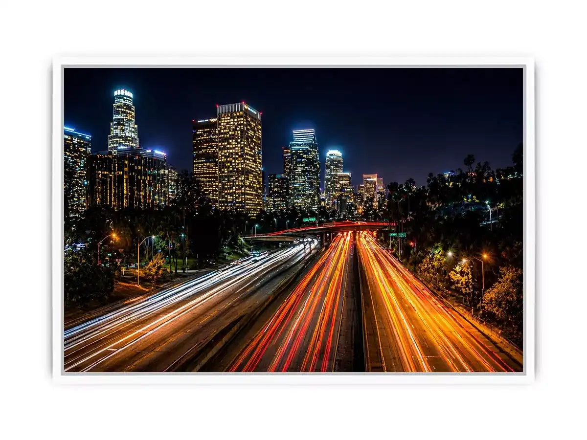 city skyline night Canvas Print, urban light trails canvas, modern cityscape print, downtown night traffic artwork