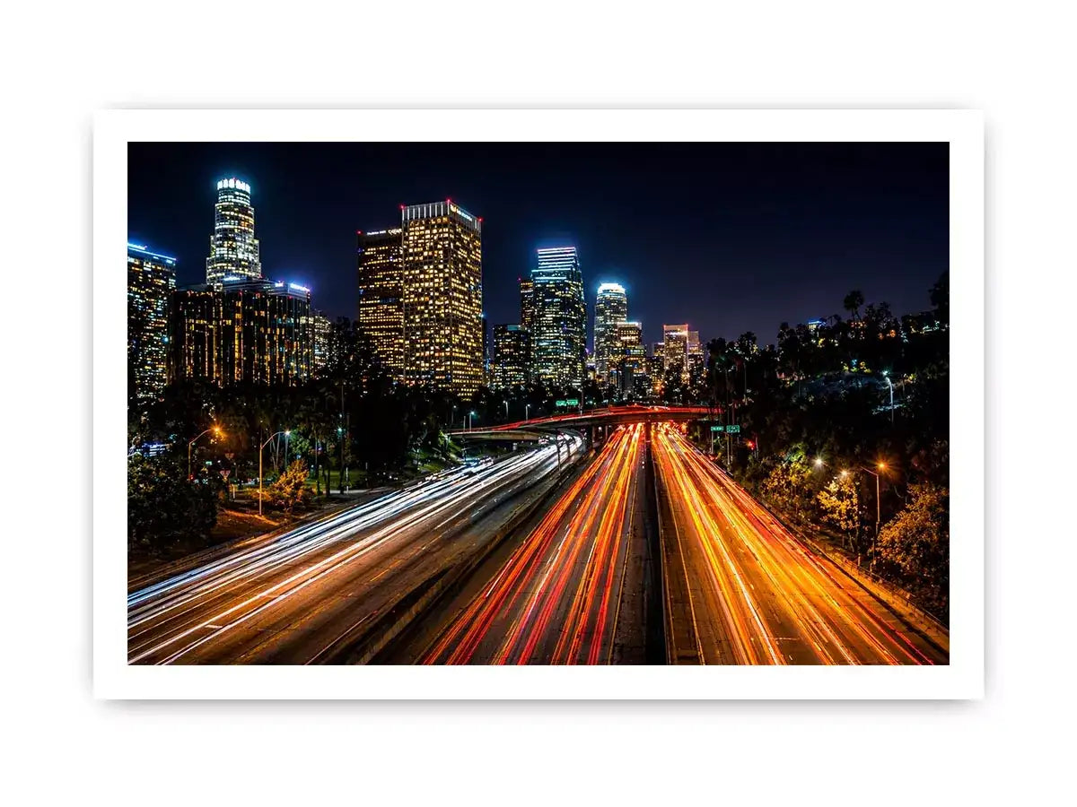 city skyline night Canvas Print, urban light trails canvas, modern cityscape print, downtown night traffic artwork