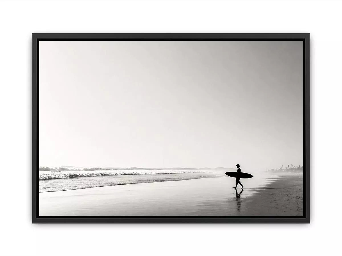 surfer beach Canvas Print black white, minimalist ocean canvas, coastal silhouette artwork, serene beach decor