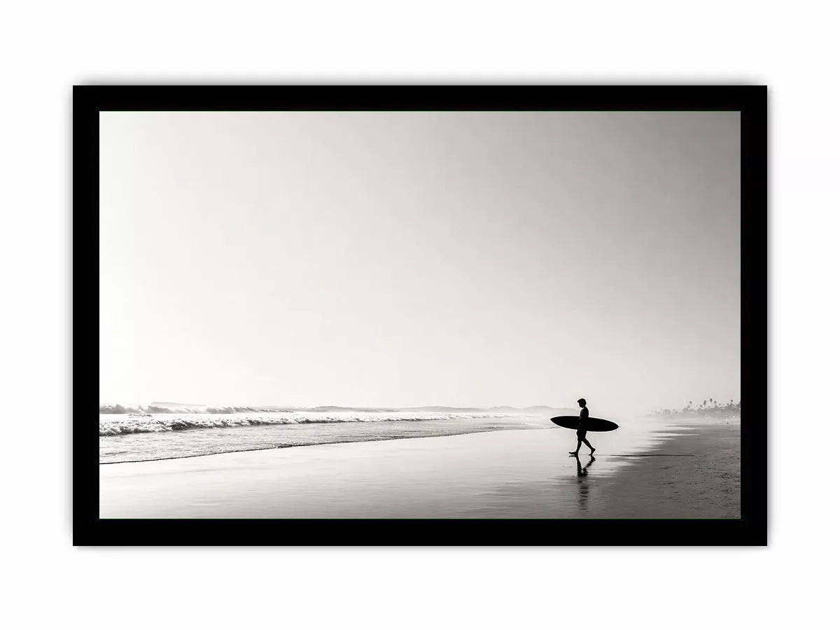 surfer beach Canvas Print black white, minimalist ocean canvas, coastal silhouette artwork, serene beach decor