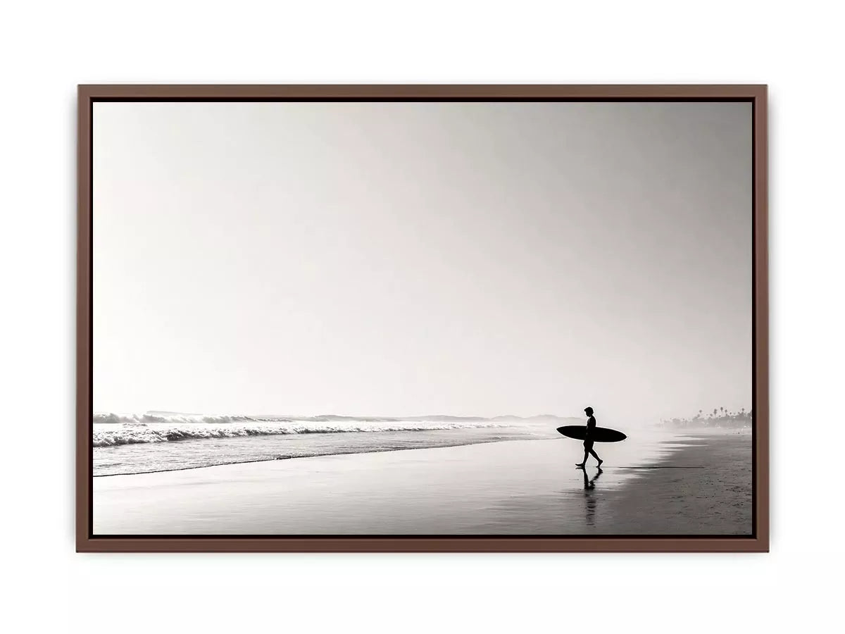 surfer beach Canvas Print black white, minimalist ocean canvas, coastal silhouette artwork, serene beach decor